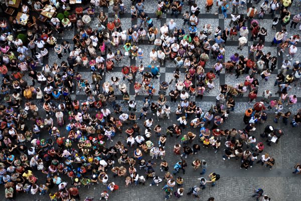 Aerial photograph of tourists visiting the Old Town Square in Prague